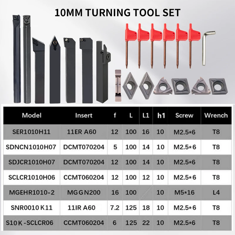 7Pcs 10MM 12MM 16MM CNC Lathe Turning Tool Holder Boring Bar Sets with Hard Alloyl Insert Wrench Kit for Turning Thread Grooving