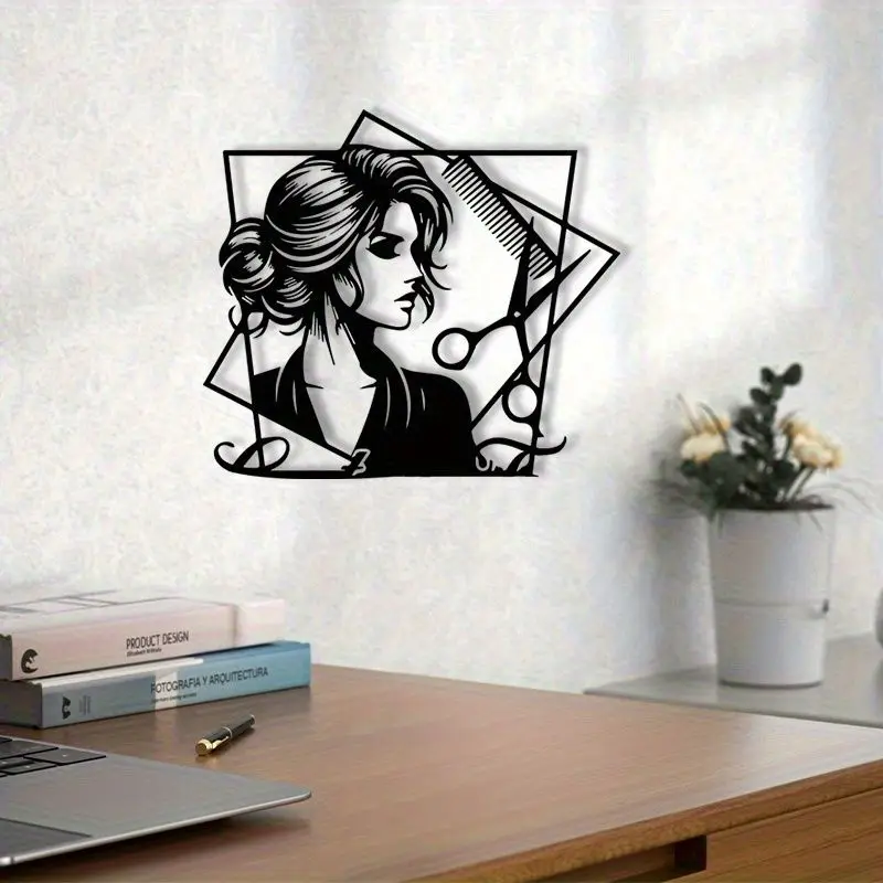 CIFBUY Beauty Salon Lady Iron Wall Sign Black Metal Wall Art Decor Scissors Comb Element Wall Sculpture Hair Salon Wall Ornament
