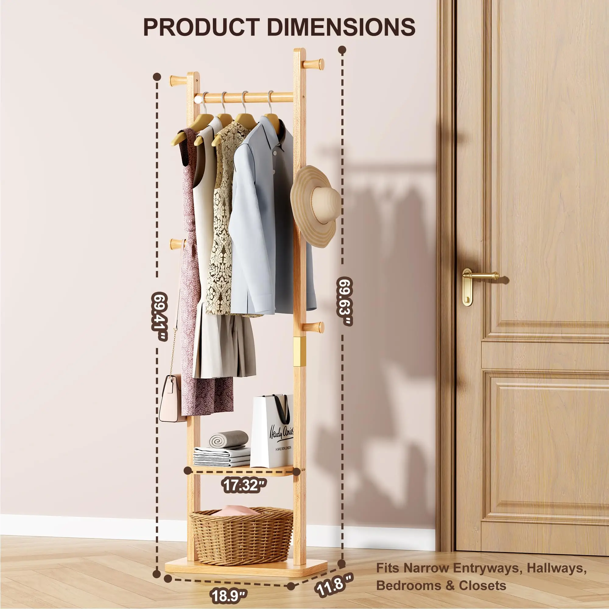 Solid Wood Coat Rack Freestanding, Clothing Rack with 5 Hooks & Bottom Shelf, Heavy Duty Coat Rack Stand for Hanging
