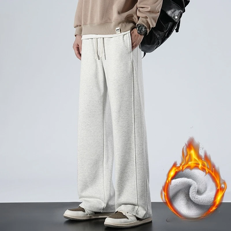 

Winter Fleece Lined Wide Leg Pants Men Cotton Velvet Lined Straight Sweatpants Solid Color Long Baggy Trousers Outdoor Warm Wear