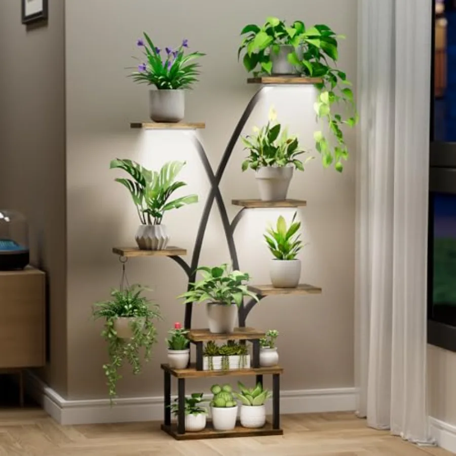 

Indoor plant stand with grow lights: 8-tier metal tree-shaped shelf for living room or patio corner, white finish, energy-effic