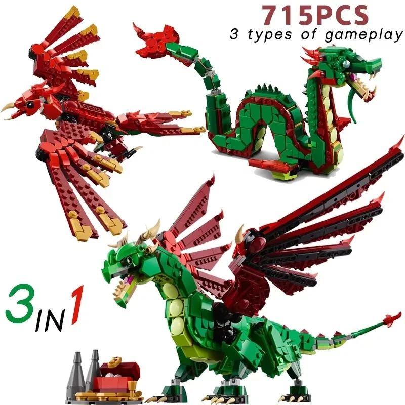 

715pcs In stock 3-in1 Medieval Flying Dragon 31161 Men's and Women's Children's Puzzle Block Toy Party Gift Paper Instructions