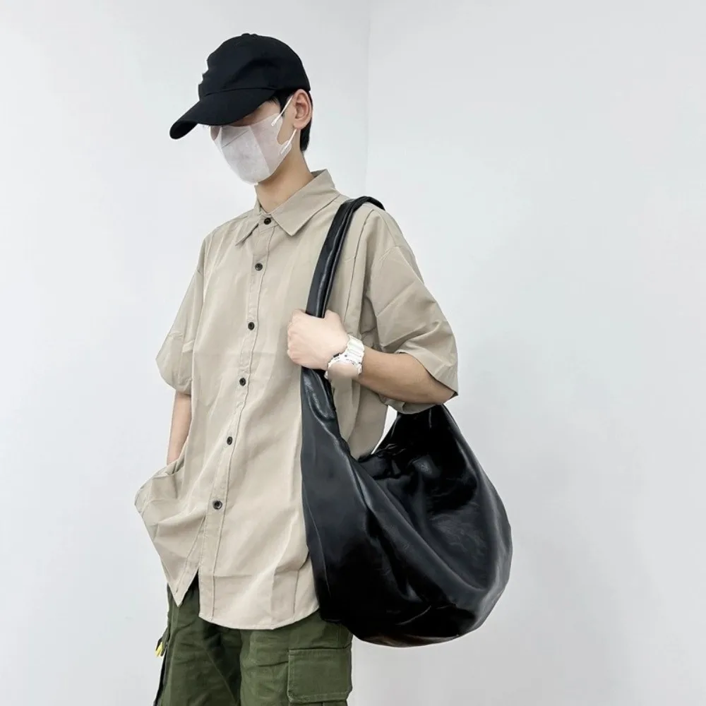 

Japanese Style PU Leather Shoulder Bag Large Capacity Streetwear Casual Chest Pack Solid Color Cool Male Dumpling Bag Man