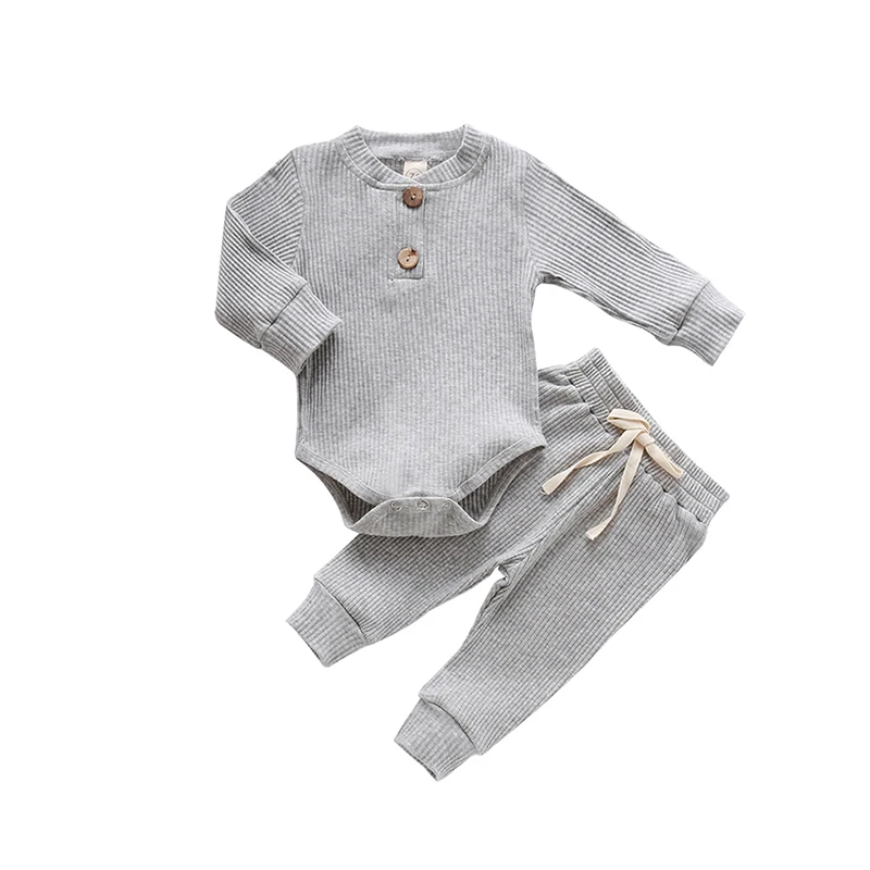 Newborn Baby Boy Girl Clothes Ribbed Knitted Cotton Long Sleeve Romper Long Pants Solid Color Fall Winter Outfits