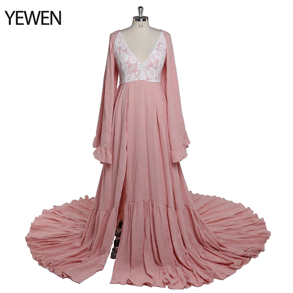 

V Neck Backless Maternity Photography Dresses Long Flare Sleeves Photo Shooting Gown YEWEN YD22108