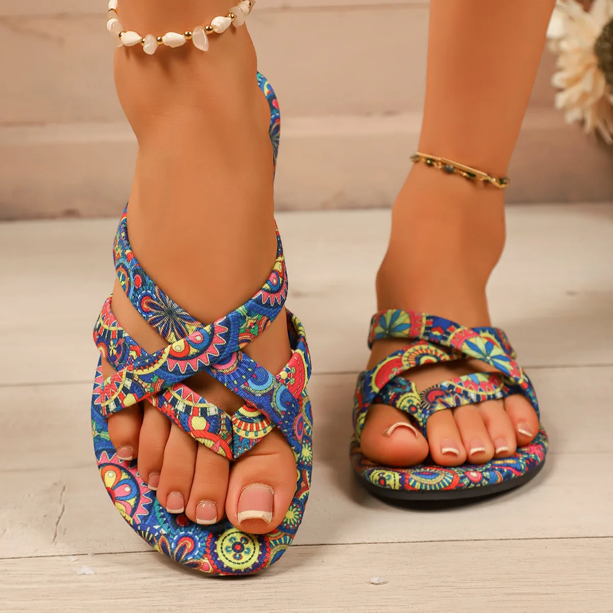 

Bohemia Style Flat Sandals Women 2025 Summer Ethnic Outdoor Slippers Woman Plus Size 43 Retro Gladiator Shoes Slides