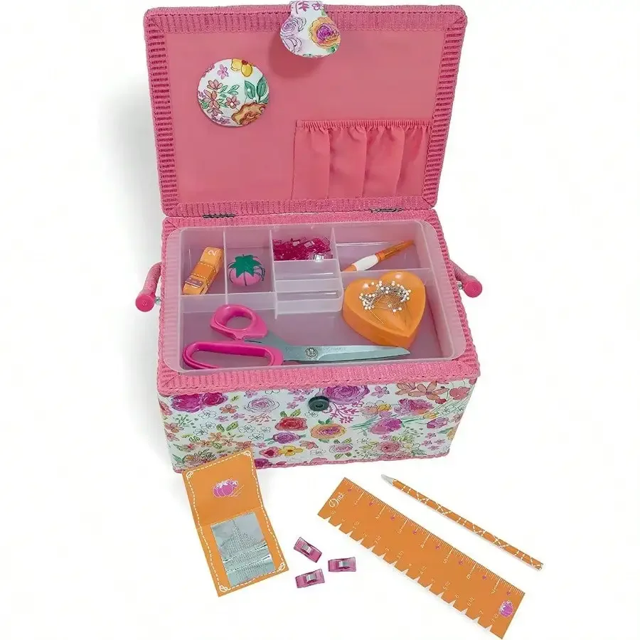 

Large Sewing Basket Set, Pink and Orange Color-coordinated，11.5" x 8.75" x 7.5"