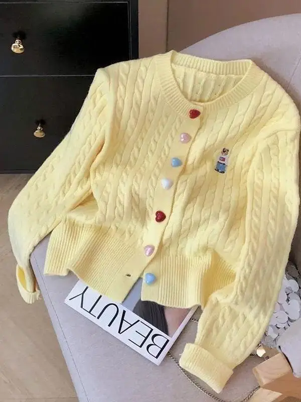 

Korean Style Women's Knitted Cardigan Jacket Short Sleeve Long Sleeve Embroidered Yellow Outerwear Early Autumn Fashion