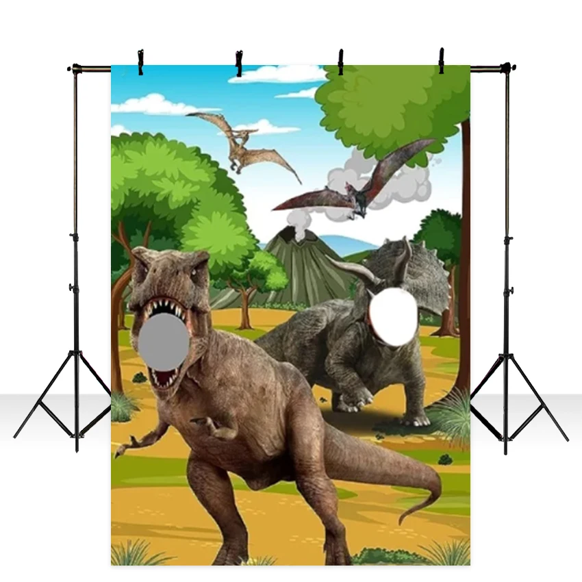 

Dinosaur T-Rex Jungle Trees Backdrop Face In Hole Pretend Play Baby Portrait Photography Birthday Party Decor Custom Backgrounds