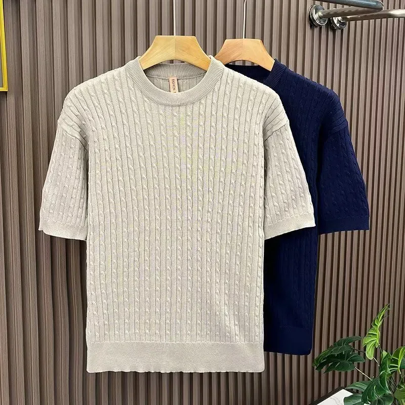 

Мужская летняя повседневная трикотажная футболка с коротким рукавом, вязаная косами, из ледяного шелка, приталенного кроя, с круглым вырезом, в американском деловом стиле