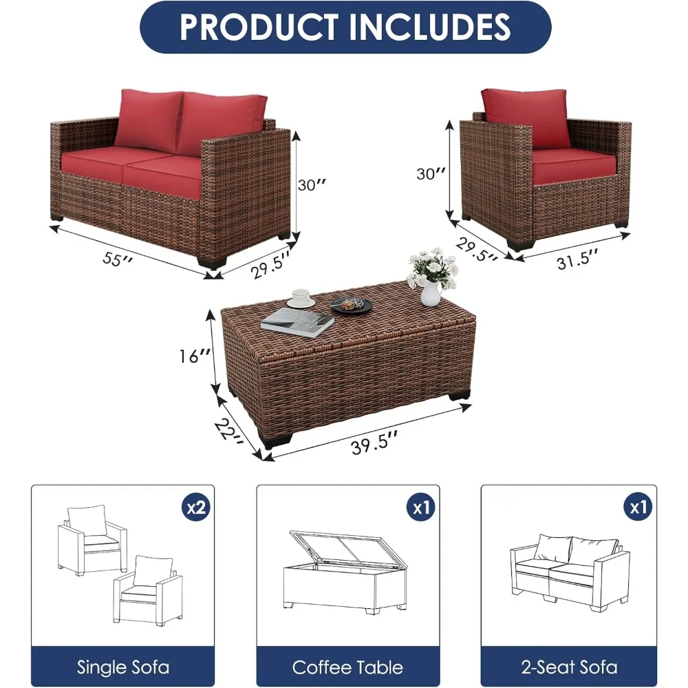 Terrassenmöbel-Set für den Außenbereich, 5-teiliges Terrassenmöbel aus Korbgeflecht für den Außenbereich, Sofa mit Stauraum und Couchtisch