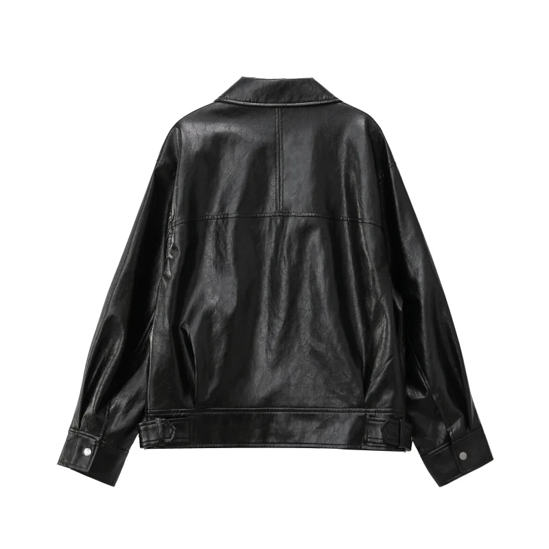ของแท้ คุณภาพสูง ระดับไฮเอนด์ เสื้อแจ็คเก็ตหนังเทียมทรงหลวมสำหรับผู้หญิง รุ่นใหม่ปี 2026 สีดำ