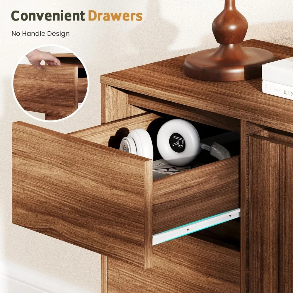 خزانة بوفيه جانبية مع مساحة تخزين - خزانة بار قهوة من خشب الجوز مع 3 أدراج وبابين، خزانة تخزين مخددة للمطبخ،