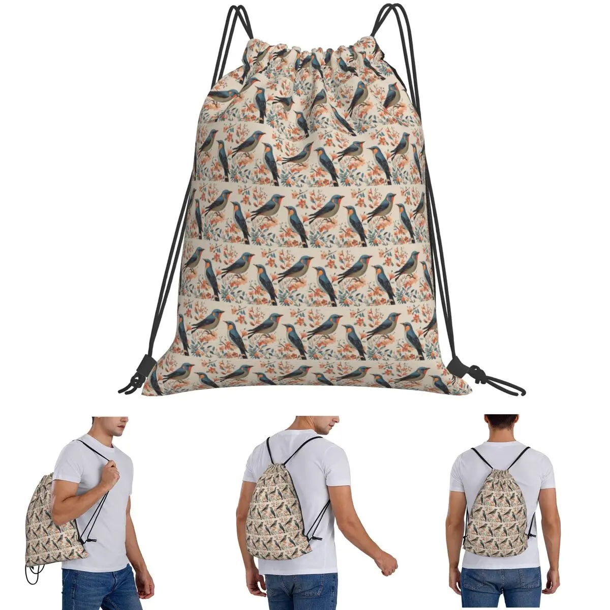 Mochilas Tender Moments con diseño de pájaros en ramas en flor, bolsas con cordón a la moda, bolsas deportivas, bolsas para libros para hombres, mujeres y estudiantes