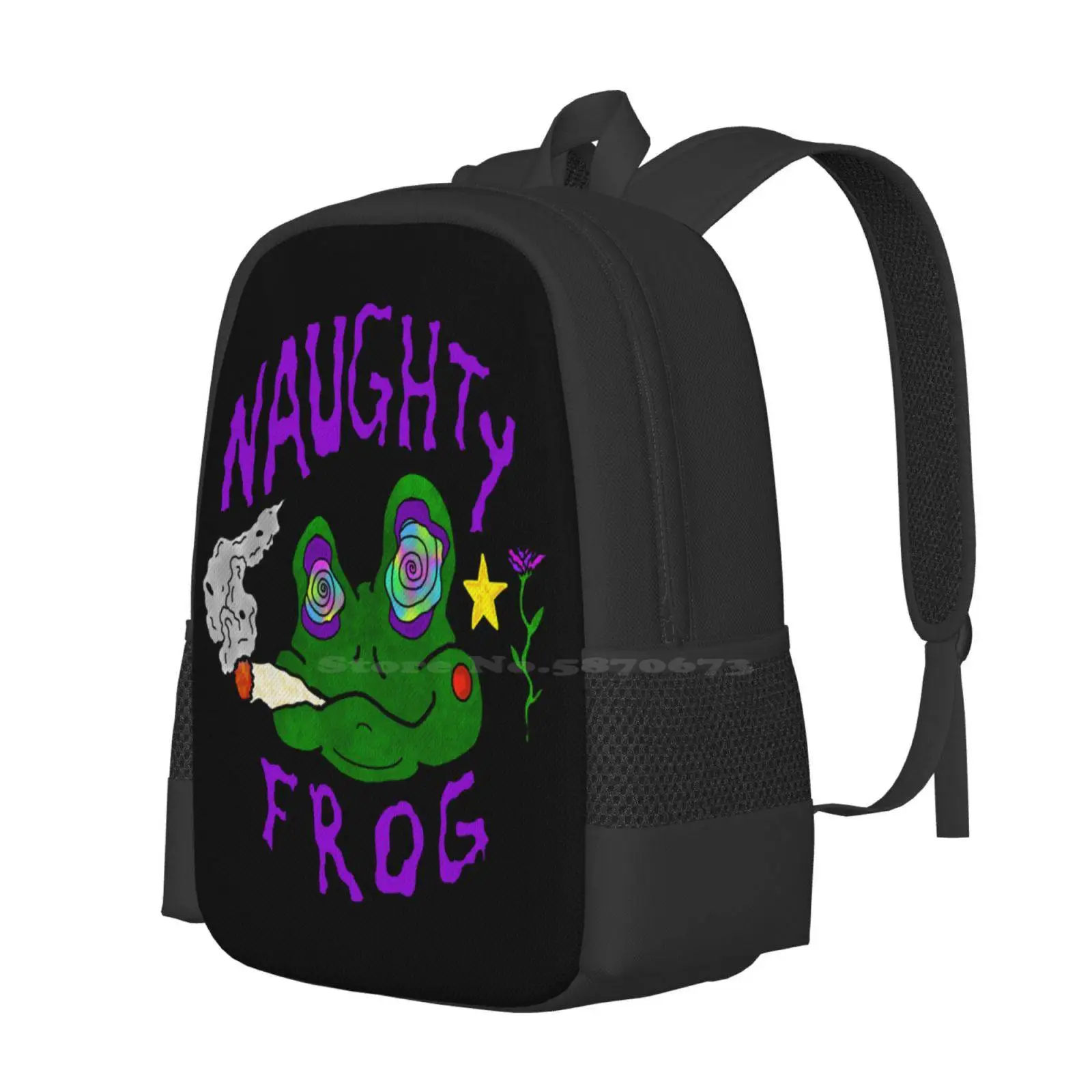 Naughty Frog Logo 1 Hot Sale Schoolbag Backpack Fashion Bags Naughty Frog Band Music Trippy Psychedelic Purple Green Frogs Smoke