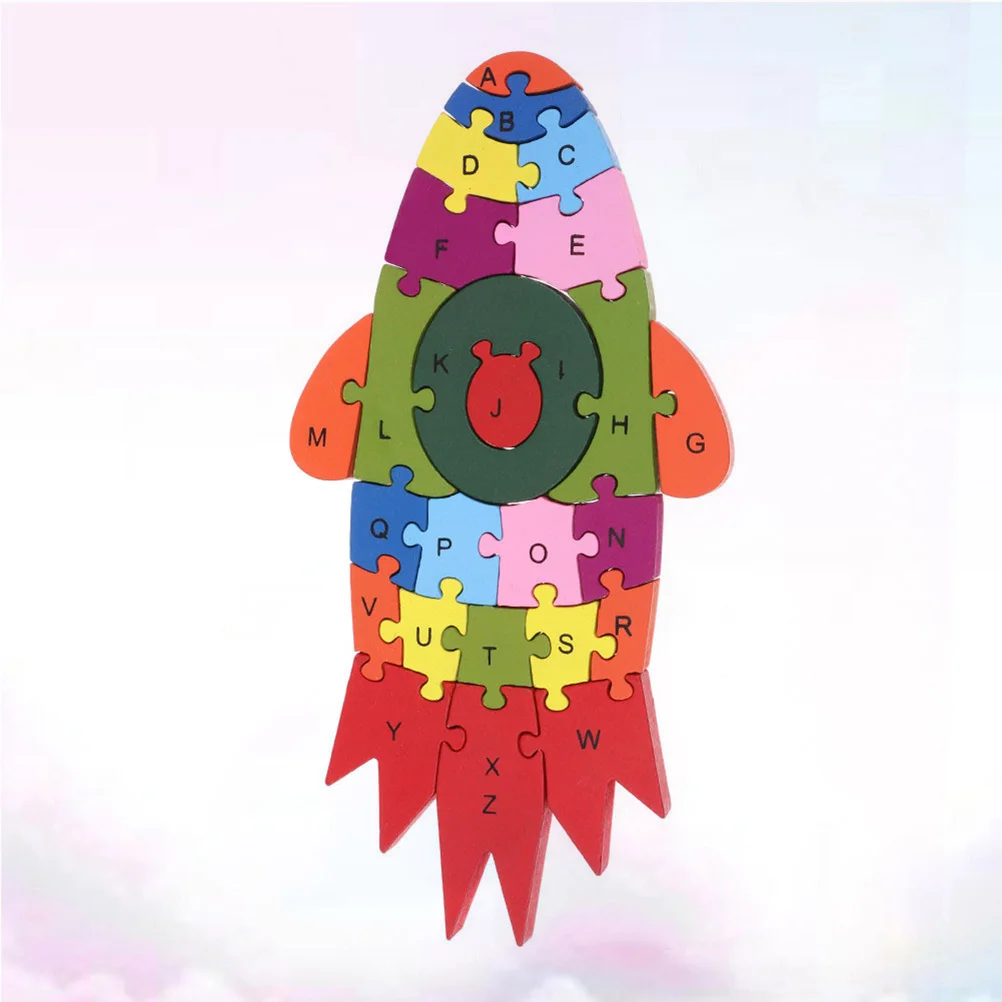 3D Wooden Rocket Puzzle 26 English Letters Educational Brain Games for Kids Creativity Color Recognition Wood Blocks