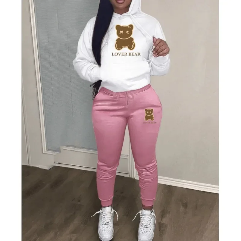 

Fashion 2 Piece Set Women Outfit Letter Bear Print Hooded Sweatwear Sweatshirt Pants Tracksuit Autumn Streetwear Casual Suits