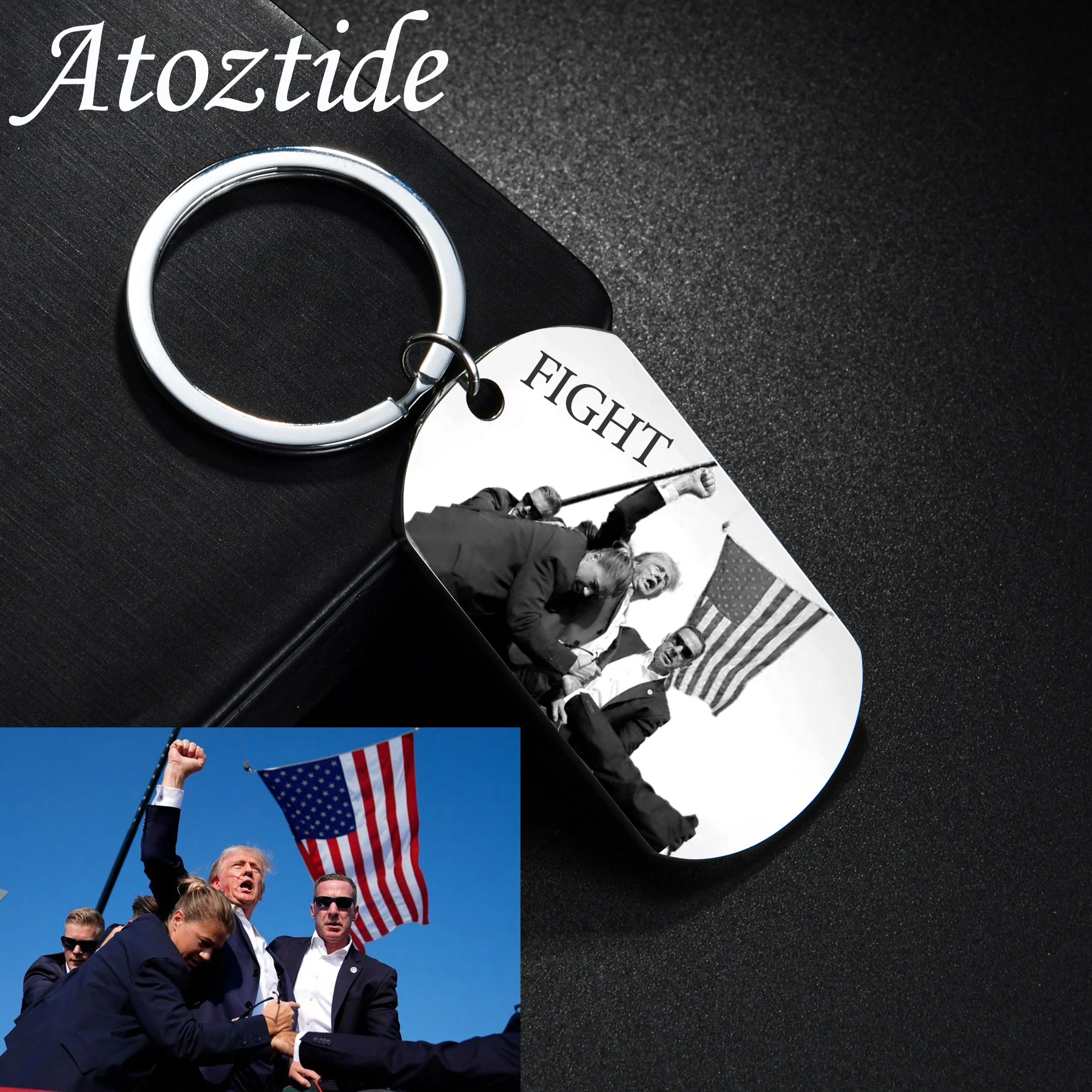 Atoztide Personalized Custom Fight Donald Trump Shooting Square Keychain Stainless Steel I Will Fight For America Jewelry Gift