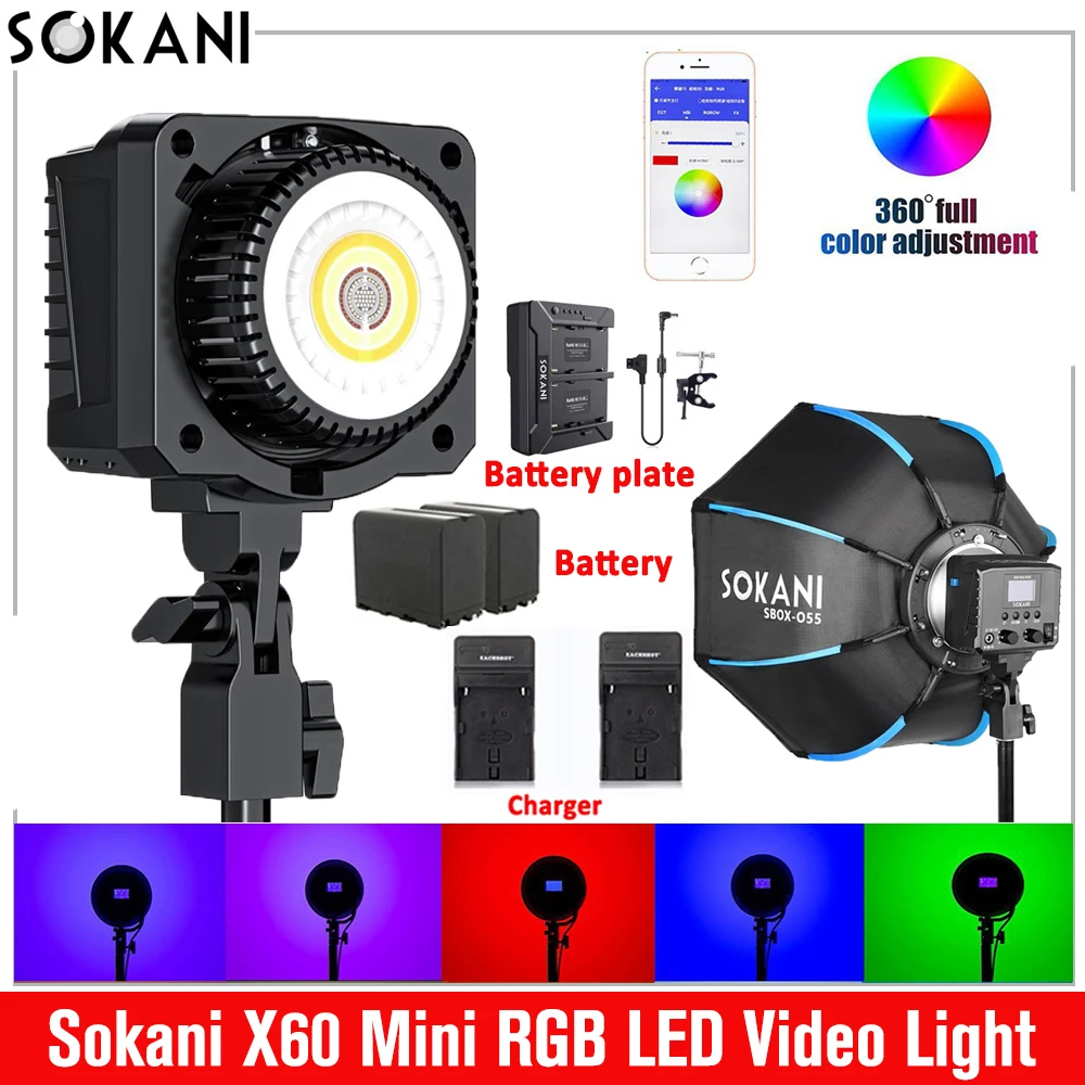 Sokani X60 RGB Mini 60W LED Video Light Bowens Mount for Photography Video Recording Outdoor Shooting Light with 55cm Softbox