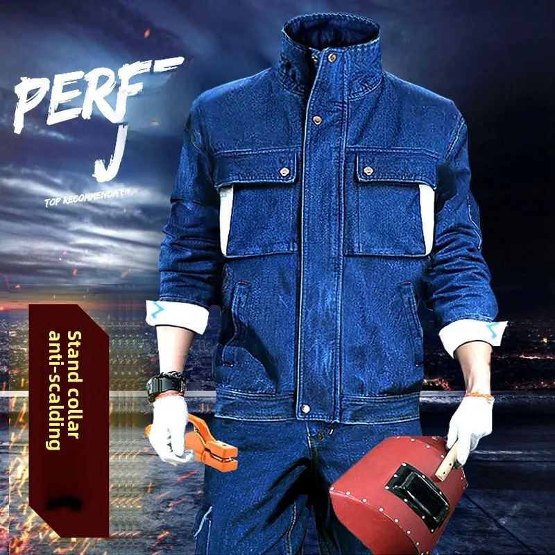 

Thiened Pure Cotton Denim Welding Workwear Set High Collar Top And Pants Ne Protection Men's Work orm Suit