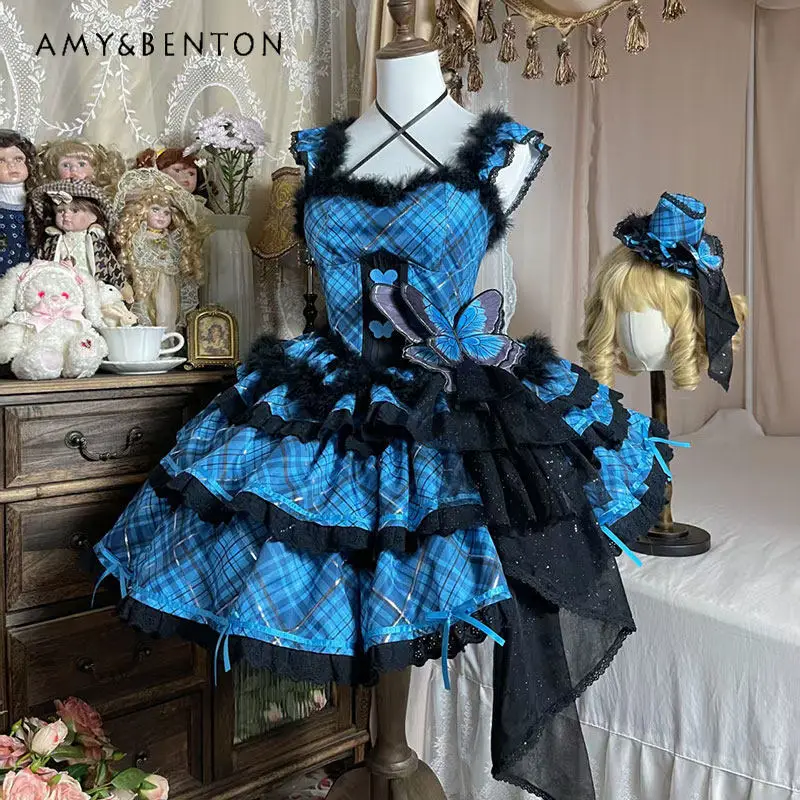 

Elegant Lolita Ballet Style Dress for Women Sweet Cute Bowknot Slim Strap Plaid Cake Dress Atmospheric Princess Evening Dresses