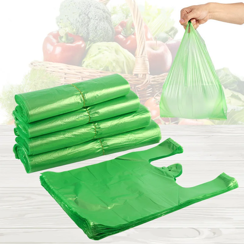 100pcs/pack Green Plastic Bag Supermarket Carry Out Bag Disposable Vest Bag with Handle Kitchen Living Room Clean Food Packaging