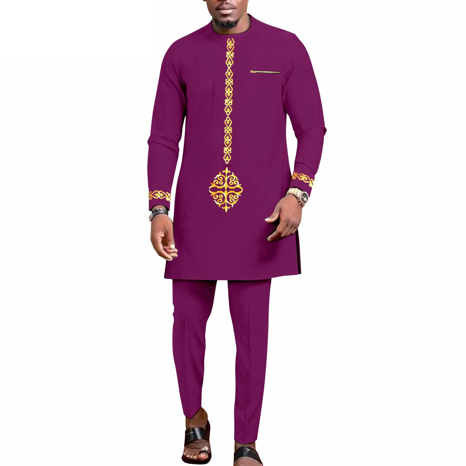 New Kaftan Men's Suit Embroidery Floral Top Pants Kaunda Suit African Casual Outfits Wear Traditional 2PCS Set Wedding Tuxedo