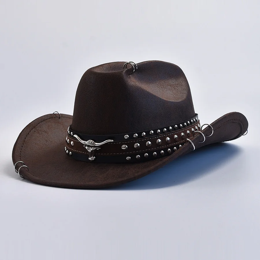 Cow Head Decorate Western Cowboy Hats For Women Men Vintage Wide Brim Gentleman Cowgirl Jazz Hats Sombrero Hombre image 6