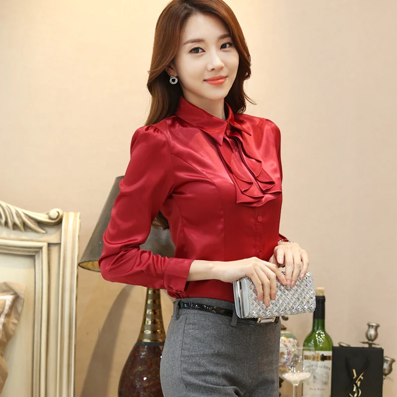 Office Work Lady Satin Shirts Femme Office Long Sleeve Satin Blouses Woman Tops