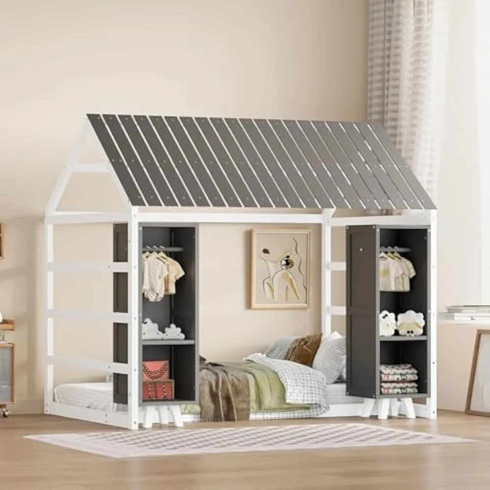 

Twin House Bed with Wardrobes: Playful Wooden Floor Bed for Kids House-Shaped Design with Fence