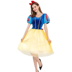Women Snow Princess Costume Short Puff Sleeve Velvet Tulle Dress Halloween Fairy Tale Cosplay Party Outfit with Red Bow Headband