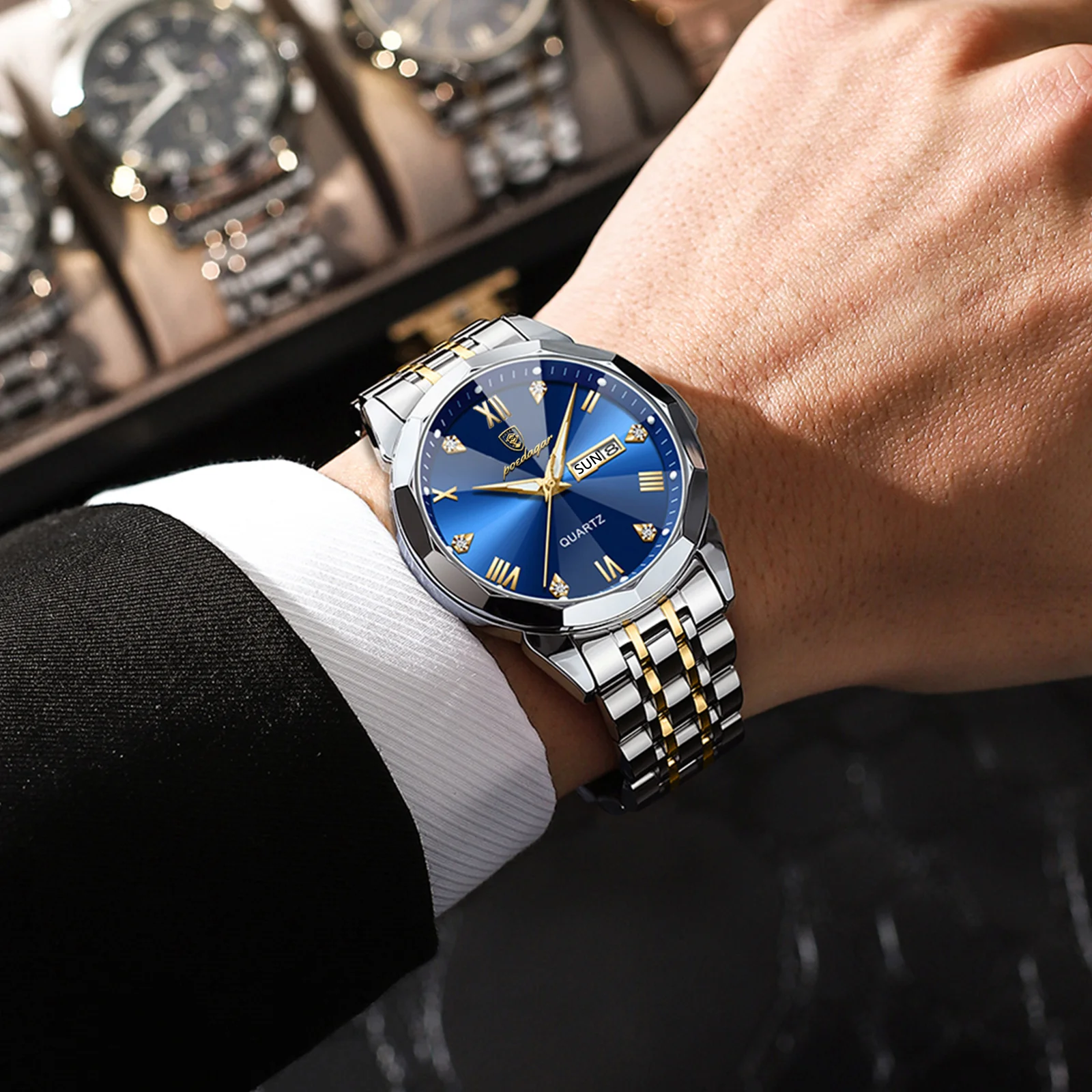 POEDAGAR Top Brand Luxury Men's Watches Waterproof Luminous Calendar Week Watch For Man Casual Stainless Steel Quartz Men Watch
