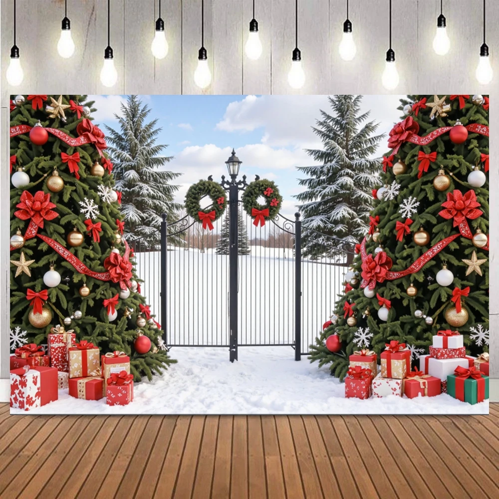 Background for Christmas Photography Xmas Winter Window Curtains Frozen Pine Forest Snow Kids Family Party Background Decor view 2