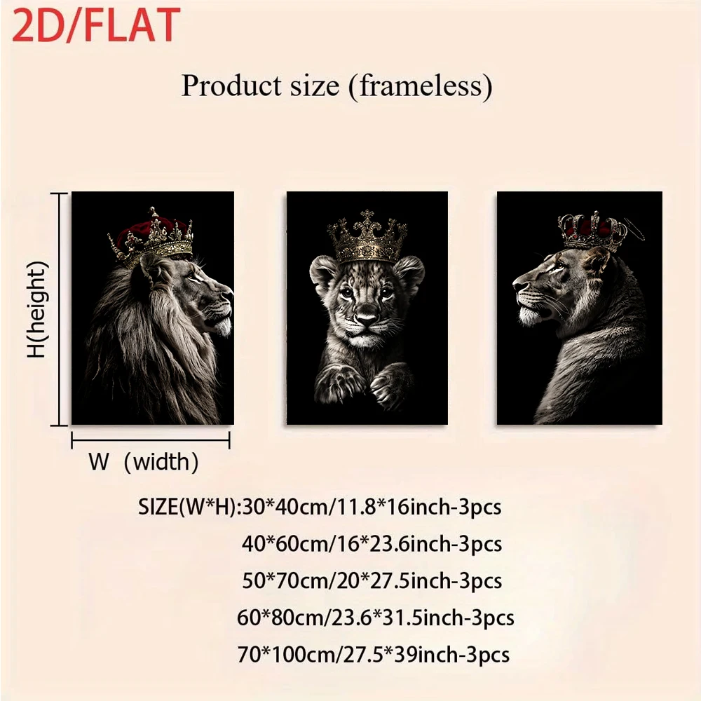 1 set of 2D frameless decorative paintings featuring a crown lion family in black and white style.