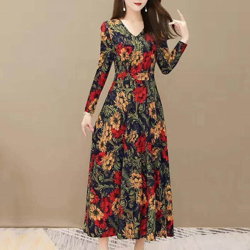 Robe de soirée à imprimé floral de style ethnique vintage pour femmes, robe maxi élégante, col en V, taille haute, manches longues, mince, mode, automne