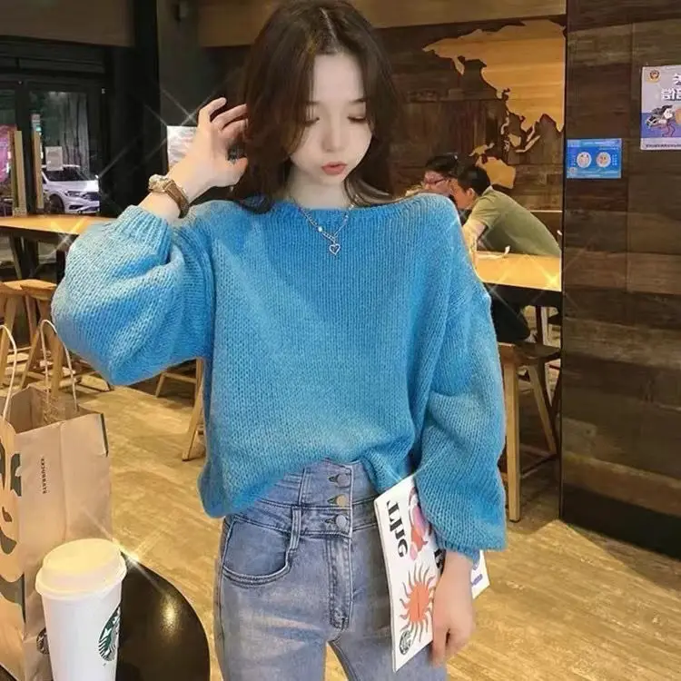 Autumn and Winter Korean Edition Simple Casual Long Sleeved Knitted Shirt Slouchy Loose Pullover Solid Sweater