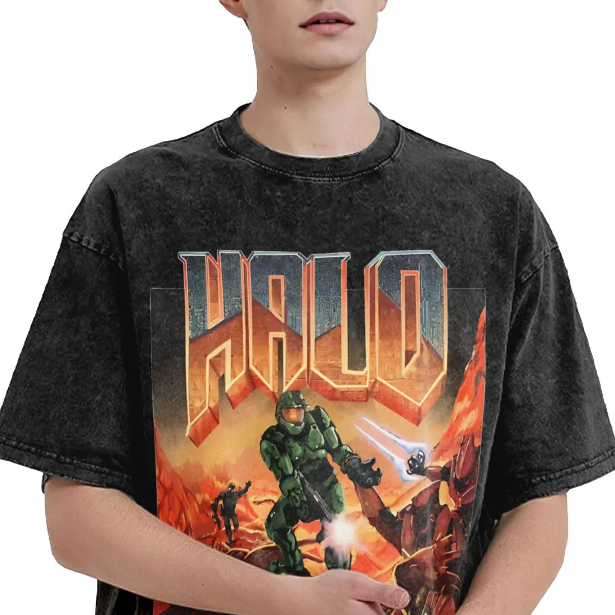 Washed T Shirts Halo Game Hip Hop Novelty T-Shirt Harajuku Streetwear 100% Cotton Summer Tops Tee Shirt for Men Women