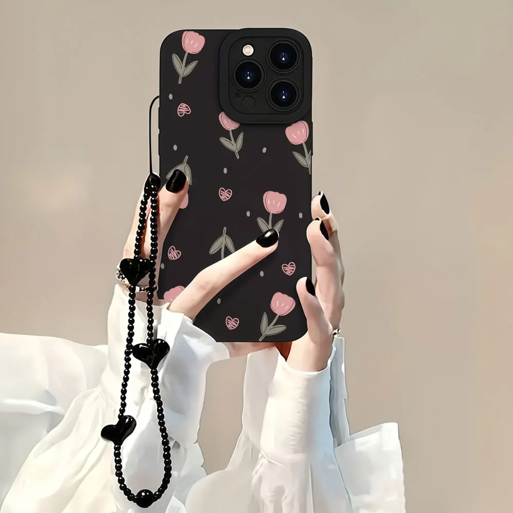 Soft TPU Phone Cases For Samsung Galaxy S26 S25 S24 S23 Ultra Plus S22 A36 A54 Note 20 A35 With Strap Korean Pink Tulip Cover