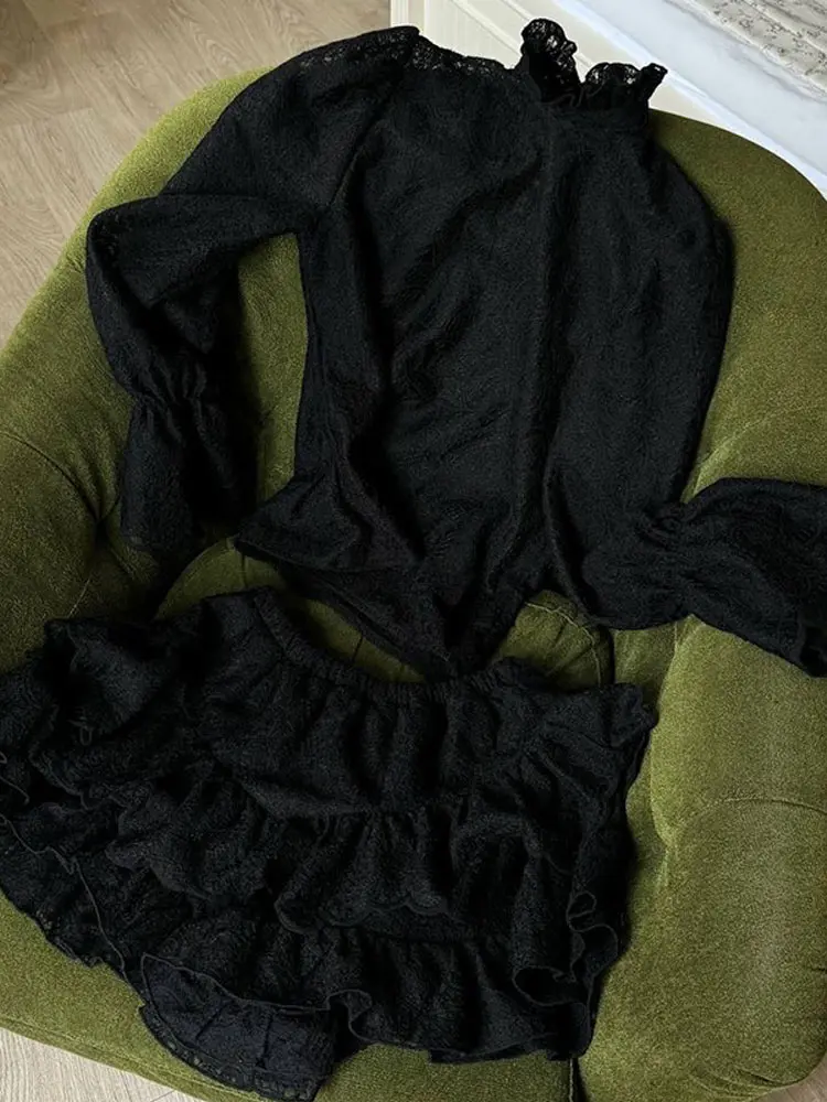 

Однотонная кружевная ажурная мини-юбка, комплект женской элегантной рубашки с воротником-стойкой и длинными рукавами, костюм 2026, весенняя мода, женская одежда для поездок на работу