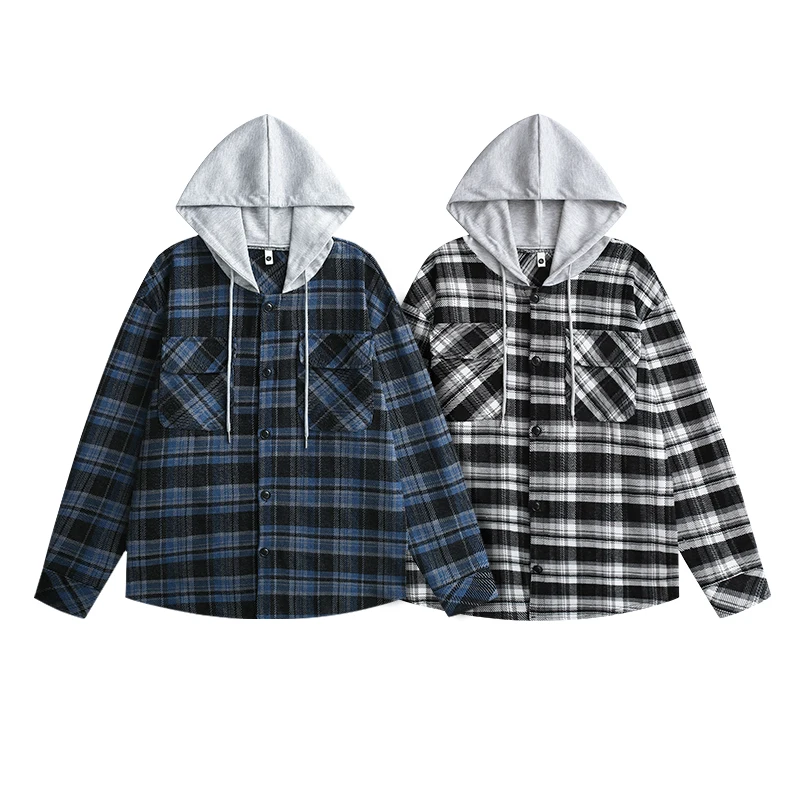 Men's Hooded Shirt Jacket Long Sleeve Single Breasted Plaid Jacket New Autumn Casual Loose Cardigan with Pockets