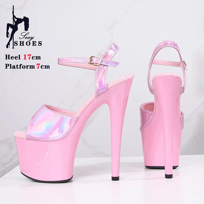 Sexy 17cm High Heeled Women Sandals Peep Toe Platform Sandals Women Shiny Laser Leather Buckle Strap Stiletto Pole Dance Shoes