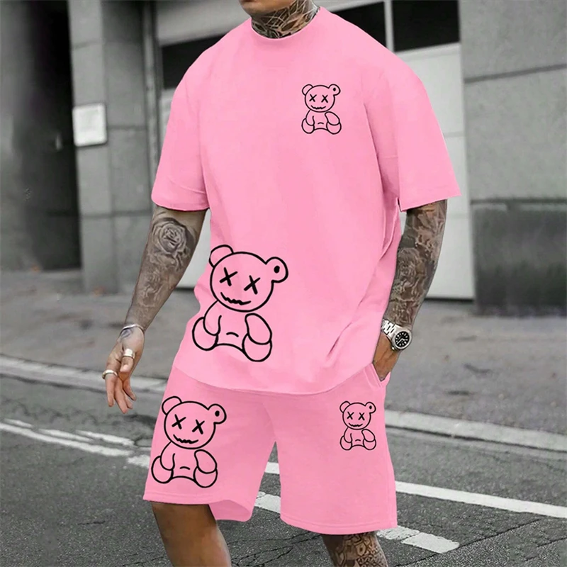 

2024 Fun Bear Harajuku T-Shirt Men's Summer Loose Daily Couple Suit Outdoor Street Short Sleeve Shorts Two Piece Men Summer Suit