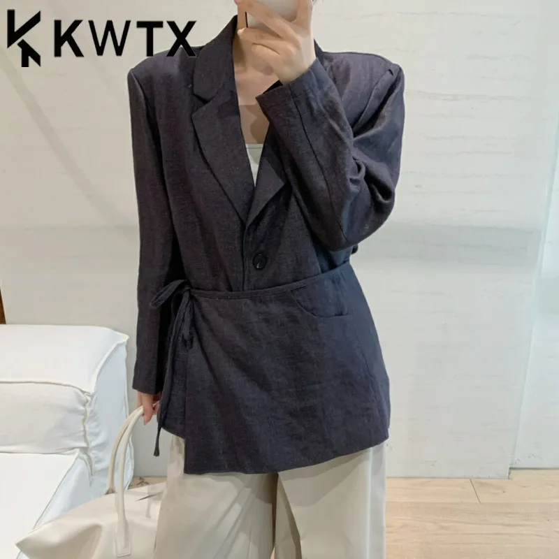 

KWTX Women's Navy Linen Blazer with Waist Tie Lapel Pockets Casual Vintage Elegant Luxury Designer Spring Summer 2025