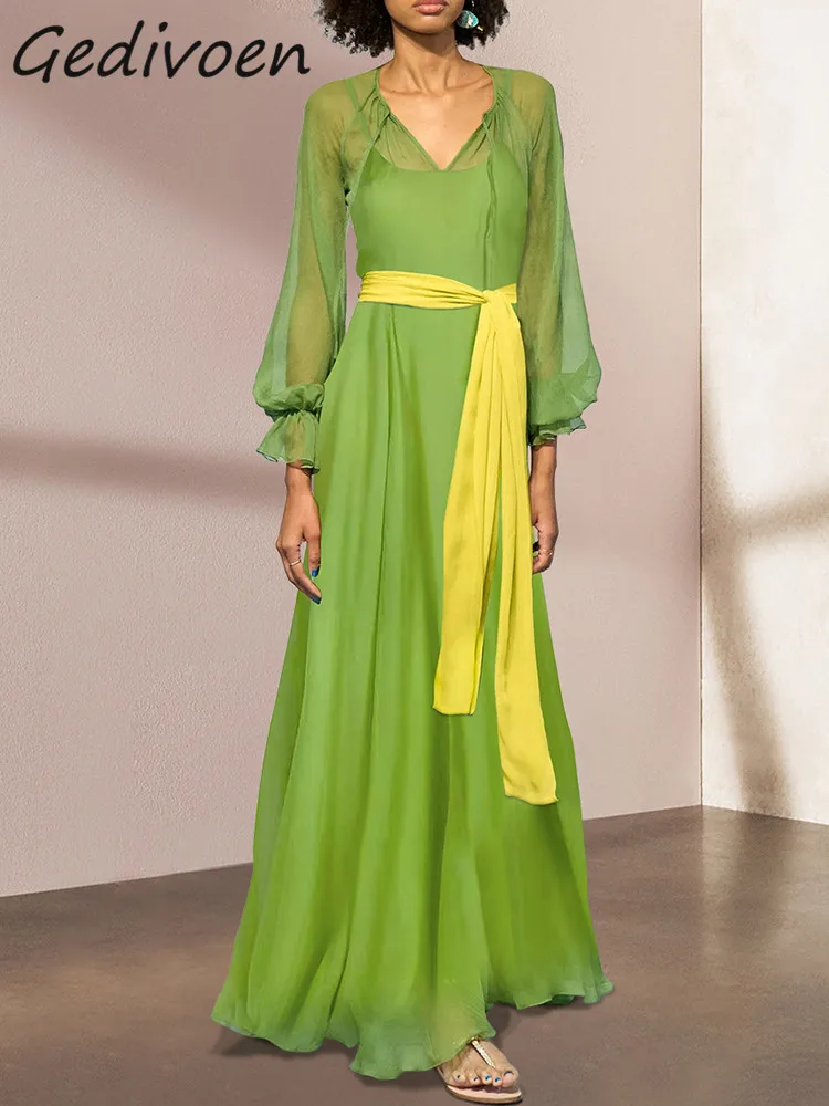 

Gedivoen Summer Fashion Runway Green Vintage Party Dress Women V Neck Long Sleeve High Waist Frenulum Hit Color Slim Long Dress