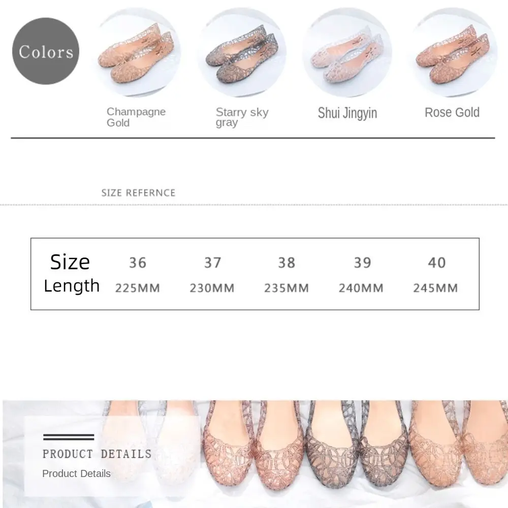 캐주얼 플랫솔 여성 샌들, 속이 비치는 투명 비치 젤리 슈즈, 얕은 앞코 통기성 블링 샌들 풋웨어