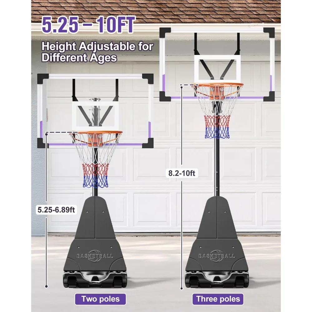 Баскетбольное кольцо для улицы с регулируемой высотой и небьющейся пластиной ПК, портативное, 44/48 дюймов, диапазон высоты 5,25–10 футов, идеально подходит для
