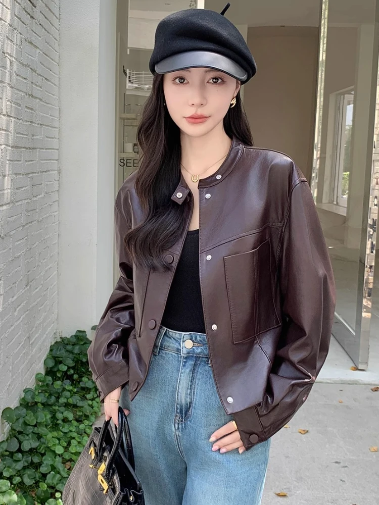 Casual Genuine Leather Motorcycle Jackets for Women Spring Autumn High-end Simple Stand Collar Slim Short Real Sheepskin Coat