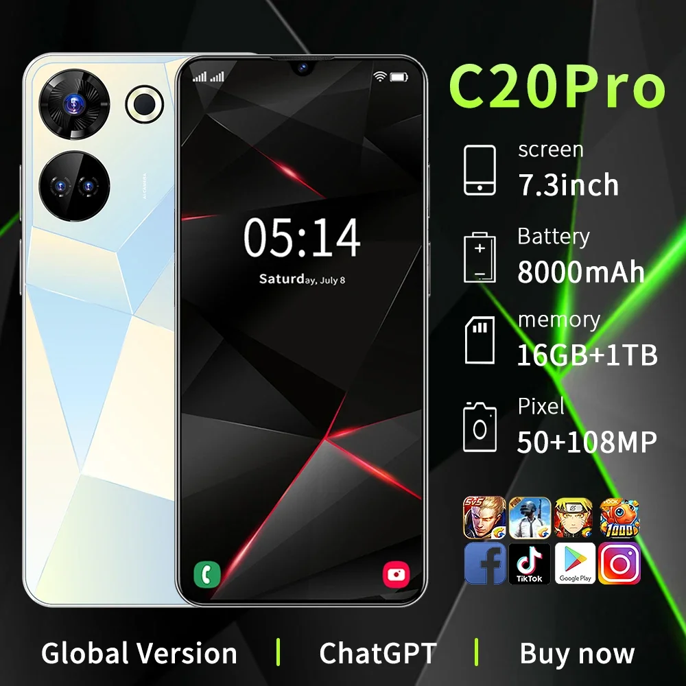 

Global original version Android C20 Pro 5G Smartphone 6.8 inch 16GB+1TB 8000mAh 50MP+108MP Face Unlocked Original Mobile Phone