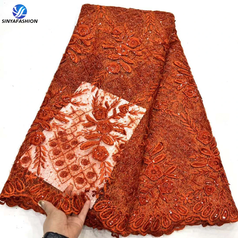 

Sinya Burnt Orange African 3D Lace Fabric Sequence 2023 5 Yards Nigerian High Quality French Sequins Lace For Women Dress Sewing