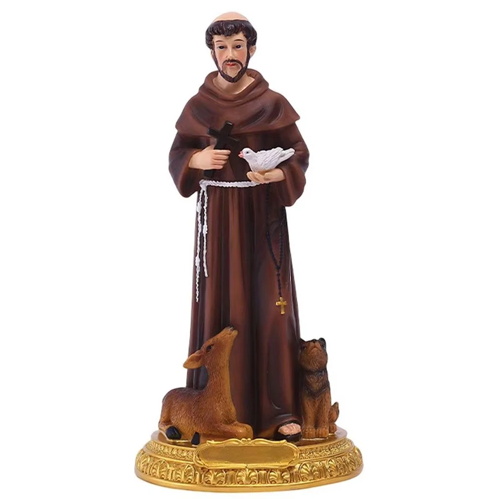 A71Z  Francis Statue Hand Painted Resin Statue Figurine with Crosss Desktop Sculpture Ornament Home